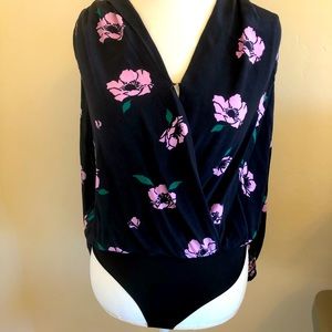 Gorgeous Astr Black Bodysuit with Pink Flowers